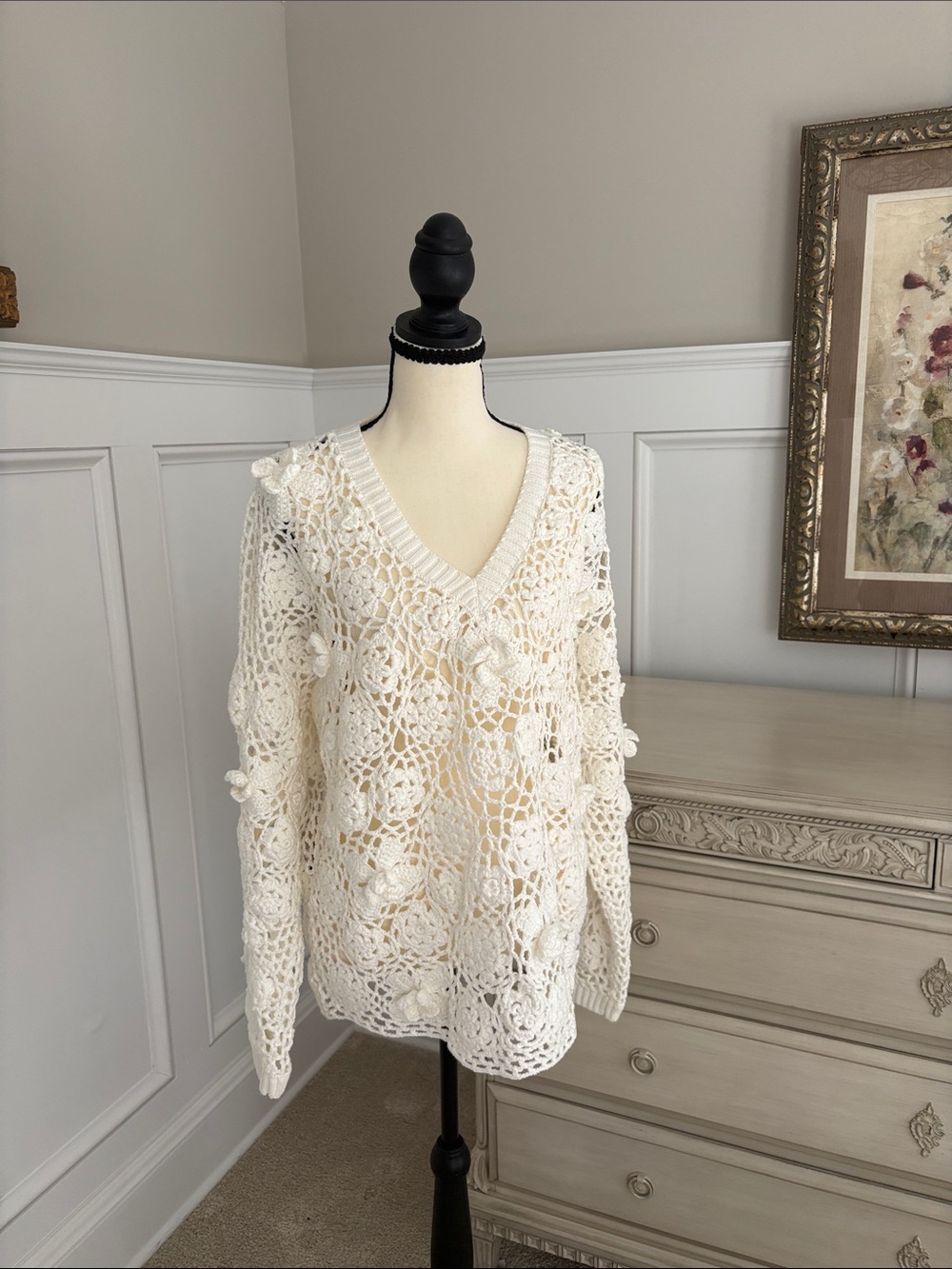 Brooks Brothers white Crochet V-Neck Sweater